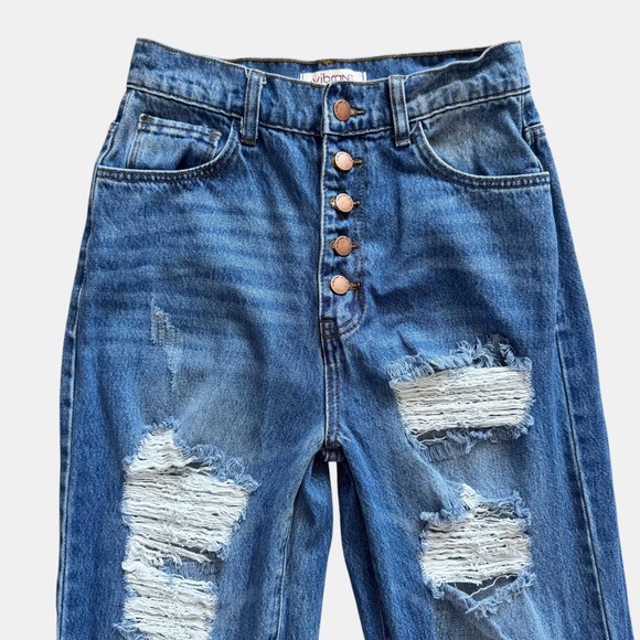 Vibrant M.I.U. High Rise Wide Leg Distressed Jeans Blue Juniors Sz 7 boho Grunge - Picture 14 of 16